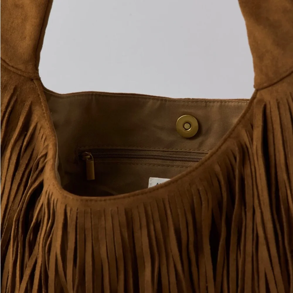 Fringe Suede Shoulder Bag - Brown